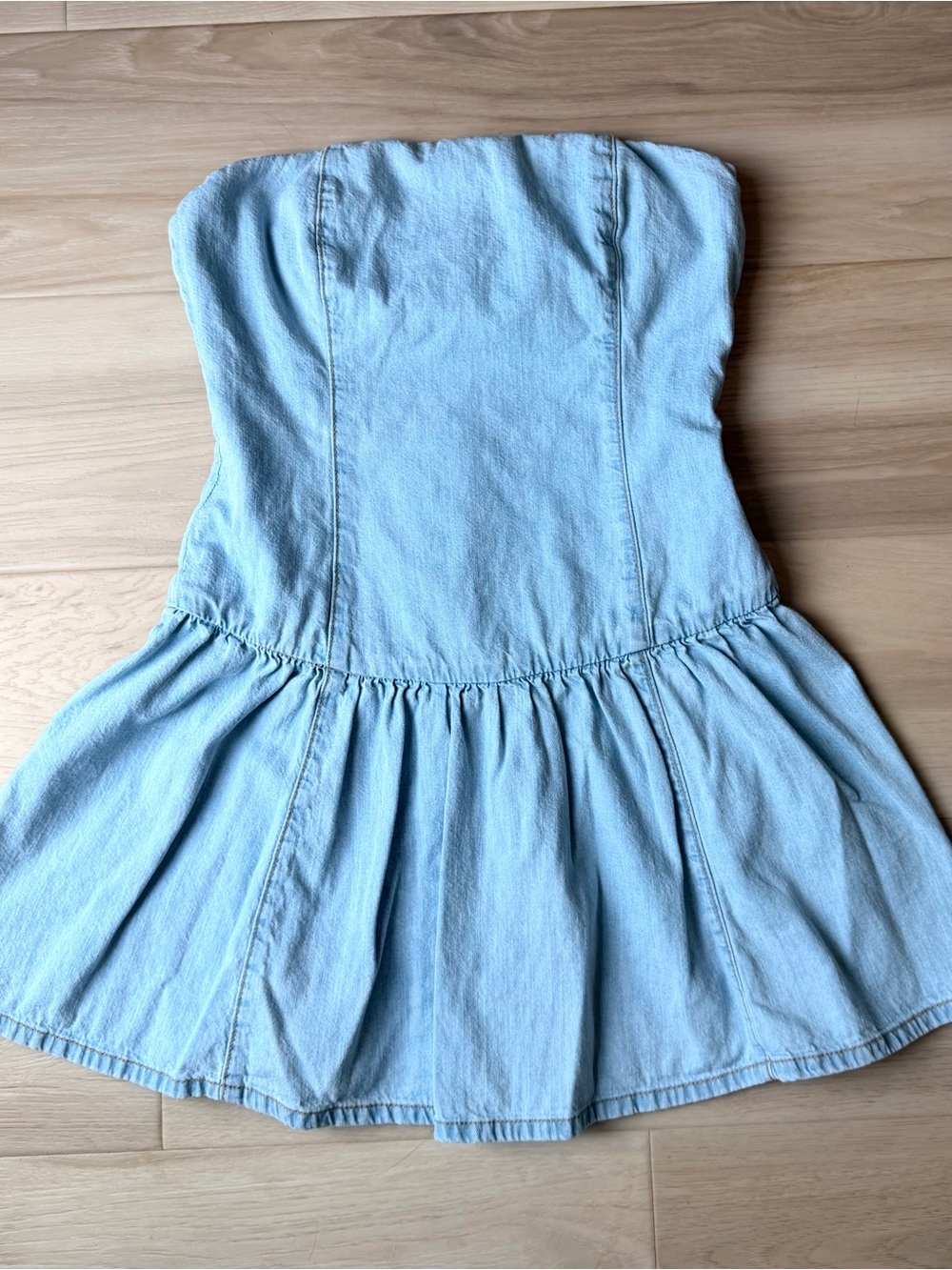 Zara Strapless Denim Bustier Dress Drop Waist Pleated Flared Mini S